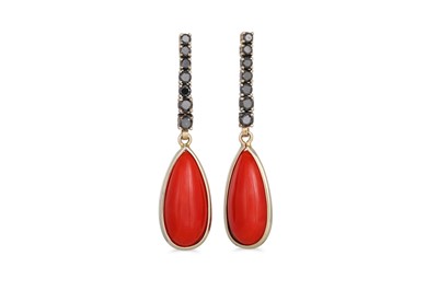 Lot 275 - A PAIR OF BLACK DIAMOND AND CORAL DROP...