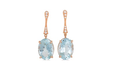 Lot 329 - A PAIR OF AQUAMARINE DROP EARRINGS, the oval...