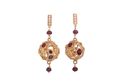 Lot 330 - A PAIR OF RUBY, DIAMOND AND SAPPHIRE EARRINGS,...