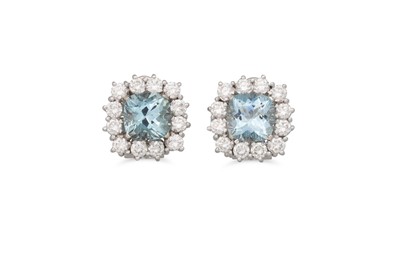 Lot 331 - A PAIR OF AQUAMARINE AND DIAMOND CLUSTER...