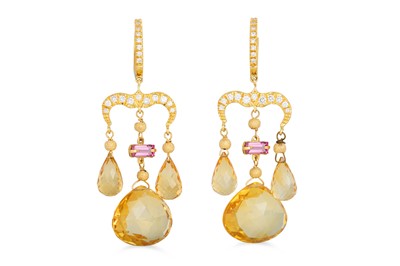 Lot 333 - A PAIR OF CITRINE AND DIAMOND DROP EARRINGS,...