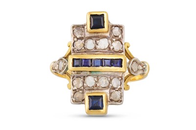 Lot 153 - A SAPPHIRE AND DIAMOND PLAQUE RING, set with...