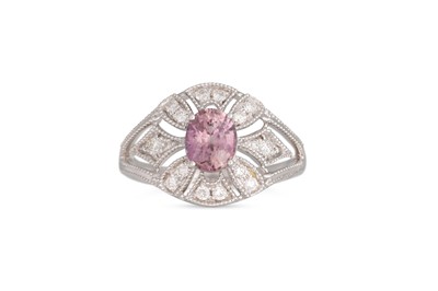 Lot 202 - A PADPARADSCHA SAPPHIRE AND DIAMOND RING, of...