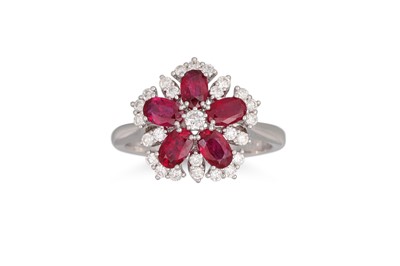 Lot 206 - A RUBY AND DIAMOND CLUSTER RING, of floral...