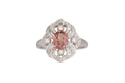 Lot 209 - A PADPARADSCHA SAPPHIRE AND DIAMOND CLUSTER...