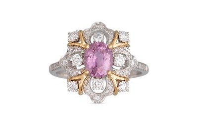 Lot 210 - A PADPARADSCHA SAPPHIRE AND DIAMOND CLUSTER...