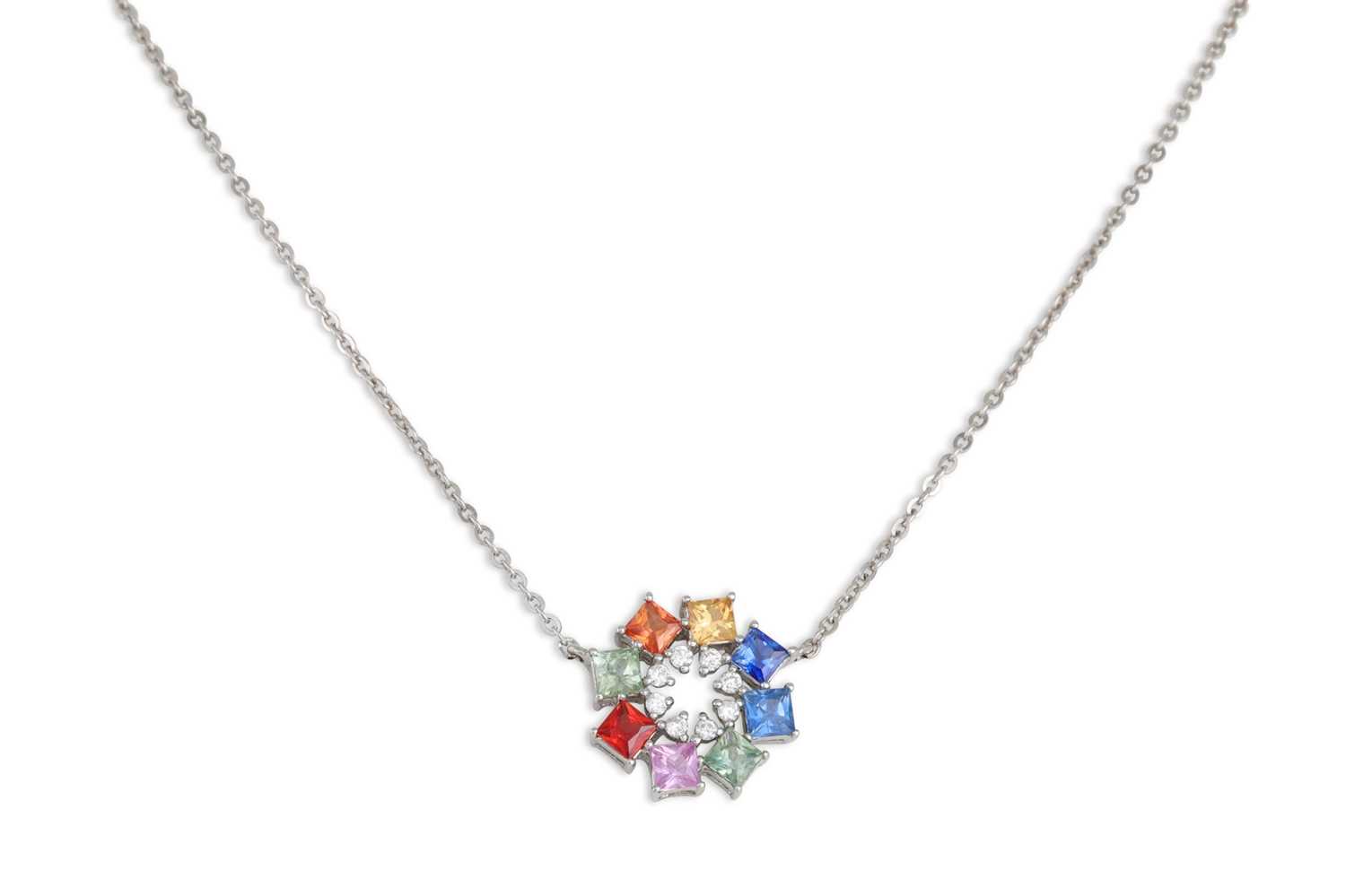 Lot 212 - A MULTI-COLOURED SAPPHIRE AND DIAMOND PENDANT,...