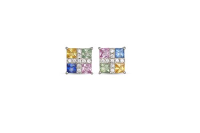 Lot 213 - A PAIR OF MULTI-COLOURED SAPPHIRE AND DIAMOND...
