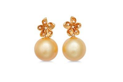 Lot 214 - A PAIR OF SALT WATER PEARL AND DIAMOND...