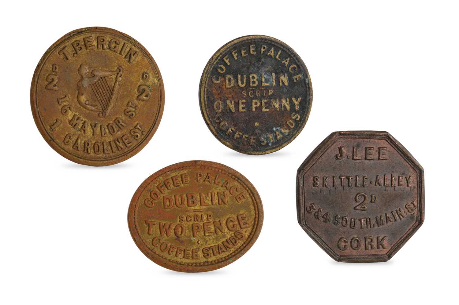 Lot 455 - 1800s 4 X IRISH TOKENS, J Lee Cork Skittle...