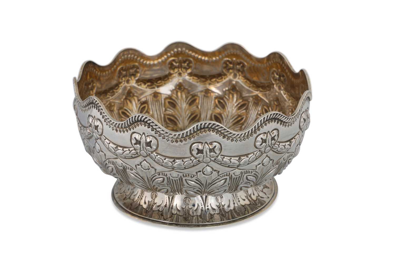 Lot 548 - A VICTORIAN SILVER EMBOSSED BOWL, with wavy...