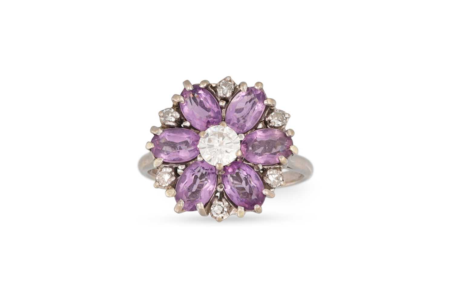 Lot 53 - AN AMETHYST AND DIAMOND FLORAL CLUSTER RING,...