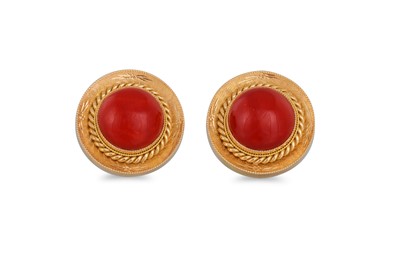 Lot 283 - A PAIR OF CORAL EARRINGS, with 18ct gold...