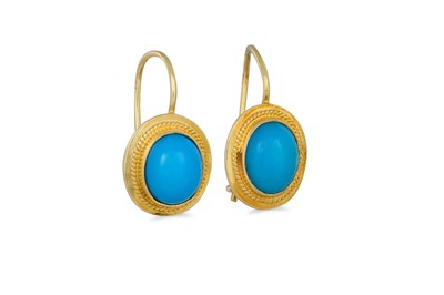 Lot 285 - A PAIR OF TURQUOISE EARRINGS, drop form,...