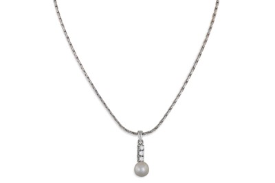 Lot 287 - A PEARL AND DIAMOND PENDANT, the three...