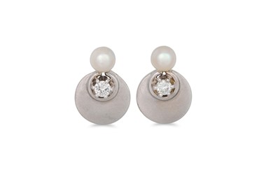 Lot 113 - A PAIR OF PEARL AND DIAMOND EARRINGS, the...