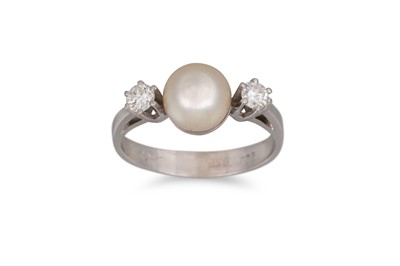 Lot 299 - A THREE STONE DIAMOND AND PEARL RING, the...