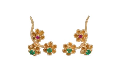 Lot 324 - A PAIR OF RUBY AND EMERALD EARRINGS, modelled...