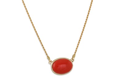 Lot 332 - A CORAL NECKLACE, the cabochon coral to a gold...