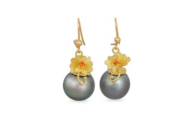 Lot 335 - A PAIR OF TAHITIAN PEARL EARRINGS, the gold...