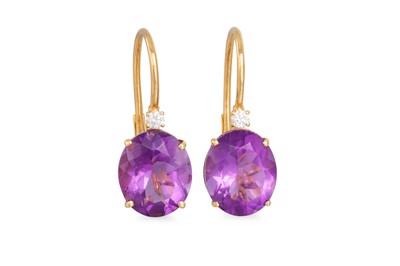 Lot 338 - A PAIR OF AMETHYST AND DIAMOND EARRINGS, the...