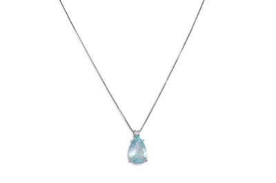 Lot 339 - AN AQUAMARINE AND DIAMOND PENDANT, the pear...