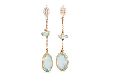 Lot 341 - A PAIR OF AQUAMARINE AND DIAMOND DROP EARRINGS,...