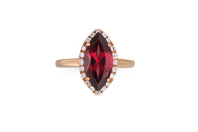 Lot 345 - A GARNET AND DIAMOND CLUSTER RING, marquise...