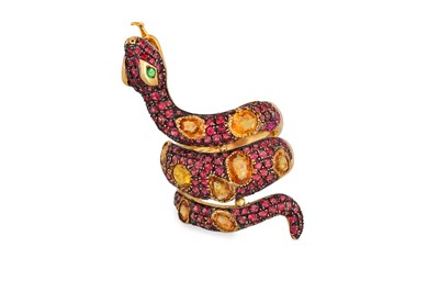 Lot 349 - A SPINEL AND CITRINE RING, modelled as a snake,...