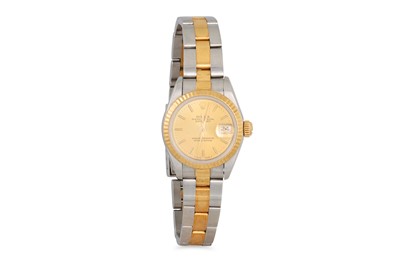 Lot 445 - A LADY'S ROLEX BI-METAL OYSTER PERPETUAL DATE...