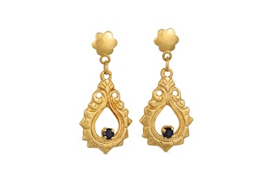 Lot 56 - A PAIR OF SAPPHIRE DROP EARRINGS, to gold...