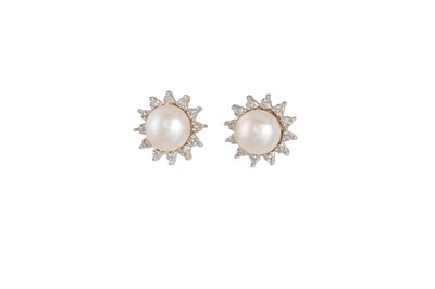 Lot 77 - A PAIR OF PEARL AND DIAMOND CLUSTER EARRINGS,...