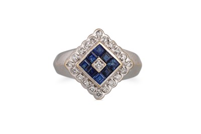 Lot 81 - A DIAMOND AND SAPPHIRE CLUSTER RING, of square...