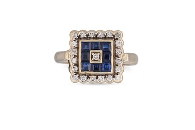 Lot 97 - A DIAMOND AND SAPPHIRE CLUSTER RING, of square...