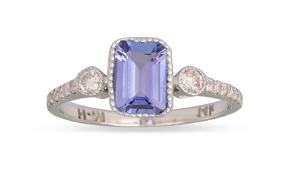 Lot 271 - A TANZANITE AND DIAMOND RING, the rectangular...