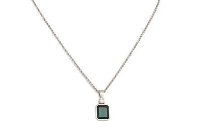 Lot 219 - A SYNTHETIC EMERALD AND DIAMOND SET PENDANT,...