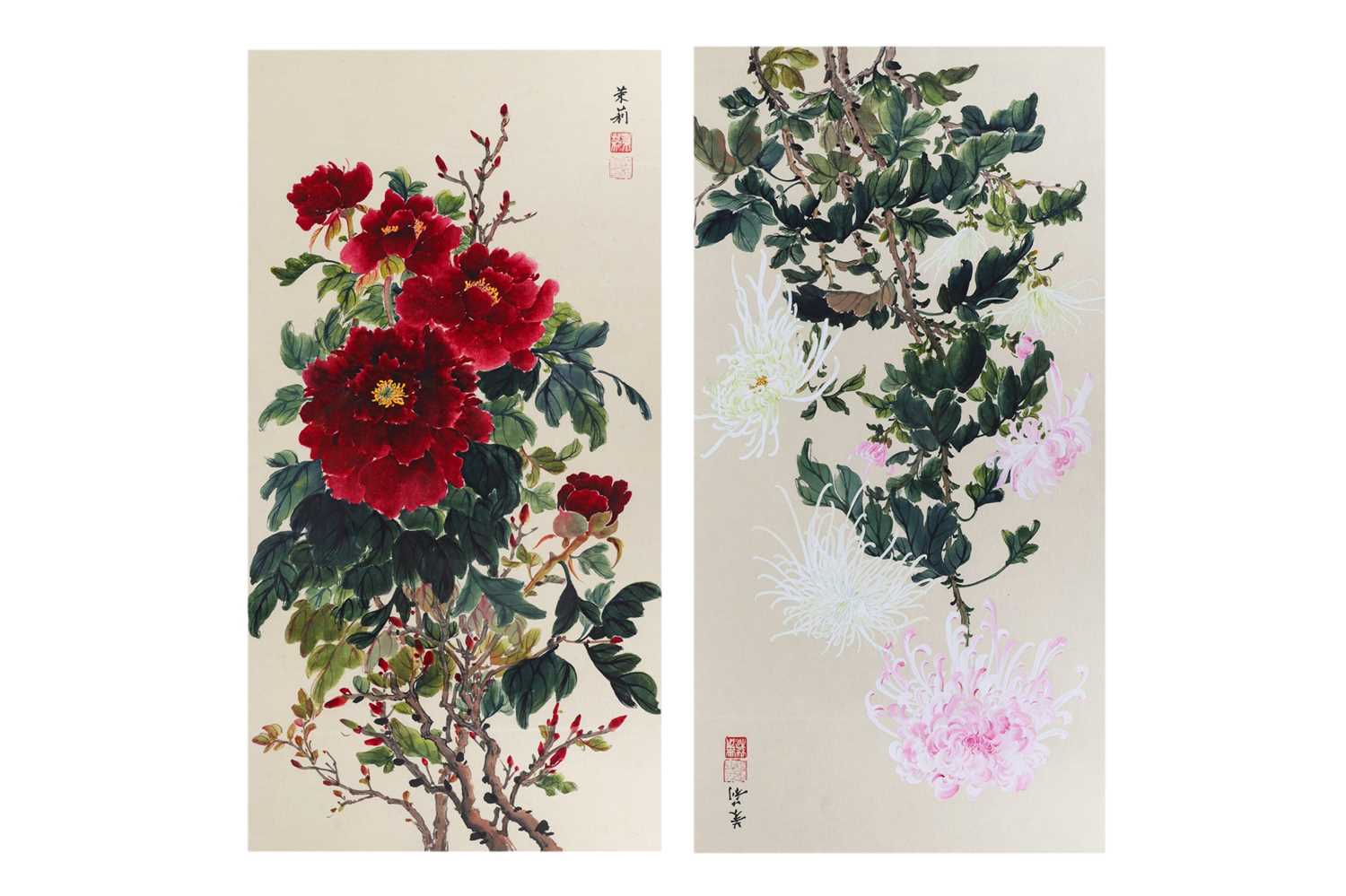 Lot 568 - A PAIR OF 20th CENTURY CHINESE FLORAL STUDIES,...