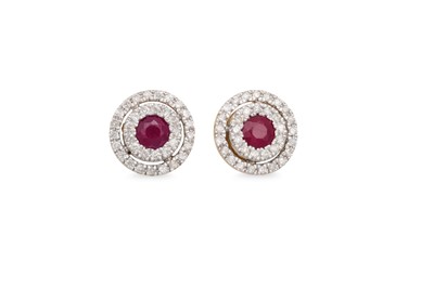 Lot 61 - A PAIR OF RUBY AND DIAMOND CLUSTER EARRINGS,...