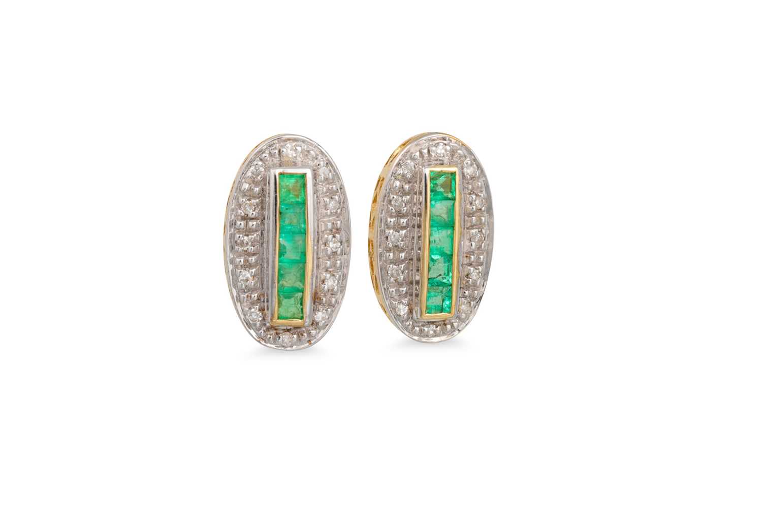 Lot 100 - A PAIR OF EMERALD AND DIAMOND CLUSTER EARRINGS,...