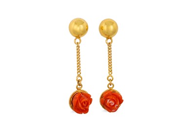 Lot 104 - A PAIR OF CORAL DROP EARRINGS, the carved...