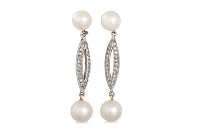 Lot 107 - A PAIR OF DIAMOND AND PEARL DROP EARRINGS, of...