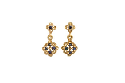 Lot 120 - A PAIR OF SAPPHIRE DROP EARRINGS, mounted in...