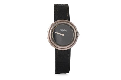 Lot 386 - A SILVER ROY KING WRISTWATCH, black leather strap