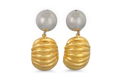 Lot 164 - A PAIR OF 18CT GOLD EARRINGS, drop from, of...