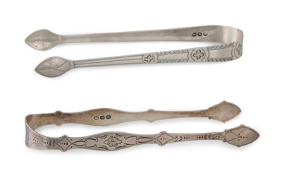 Lot 519 - TWO BRIGHT CUT GEORGE III SILVER SUGAR TONGS,...