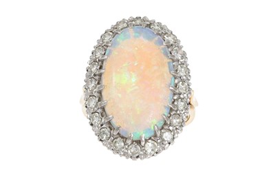 Lot 219 - AN OPAL AND DIAMOND CLUSTER RING, the oval...