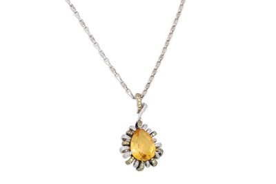 Lot 356 - A CITRINE, DIAMOND & SAPPHIRE PENDANT, the...