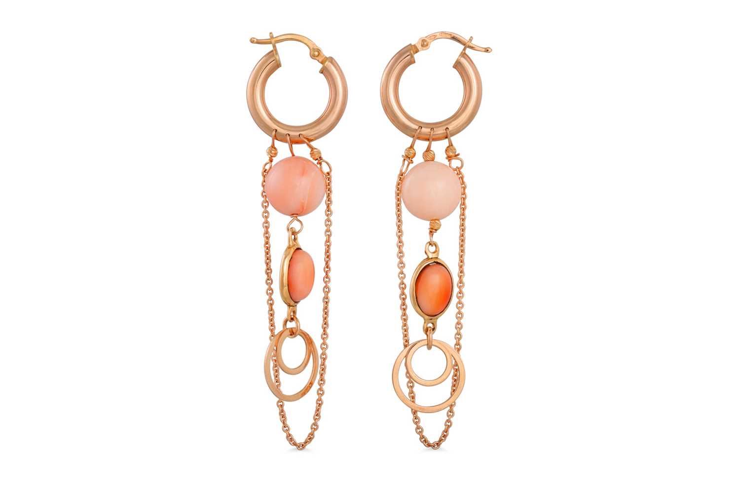 Lot 289 - A PAIR OF ROSE GOLD AND CORAL DROP EARRINGS,...