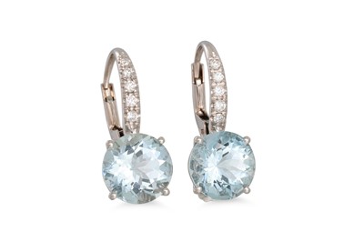 Lot 318 - A PAIR OF AQUAMARINE AND DIAMOND EARRINGS, the...