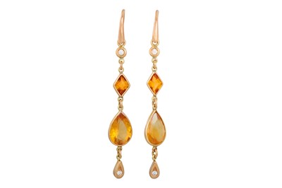 Lot 321 - A PAIR OF CITRINE AND DIAMOND DROP EARRINGS,...